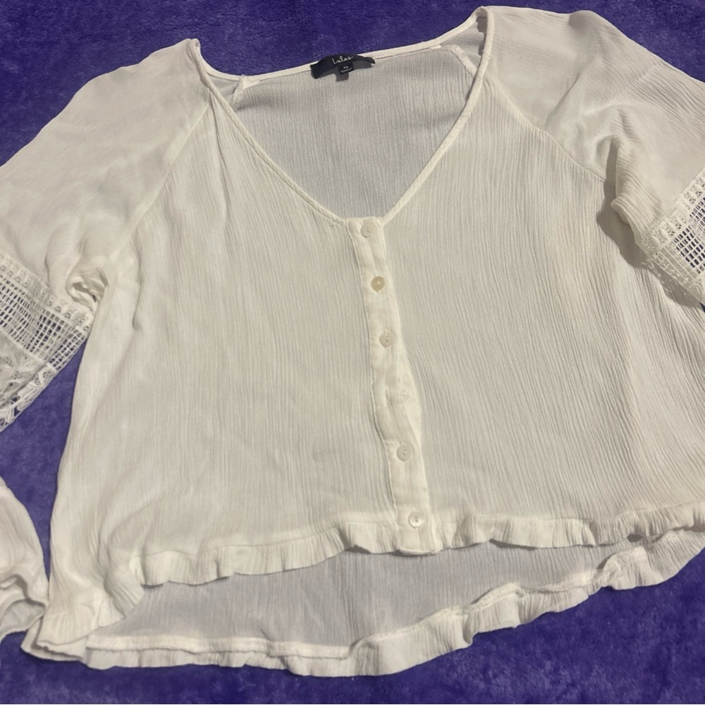 Lulu's Joanie Blouse Crochet Lace White Lace Top Buttoned Drapey Boho Size XL - Picture 6 of 11